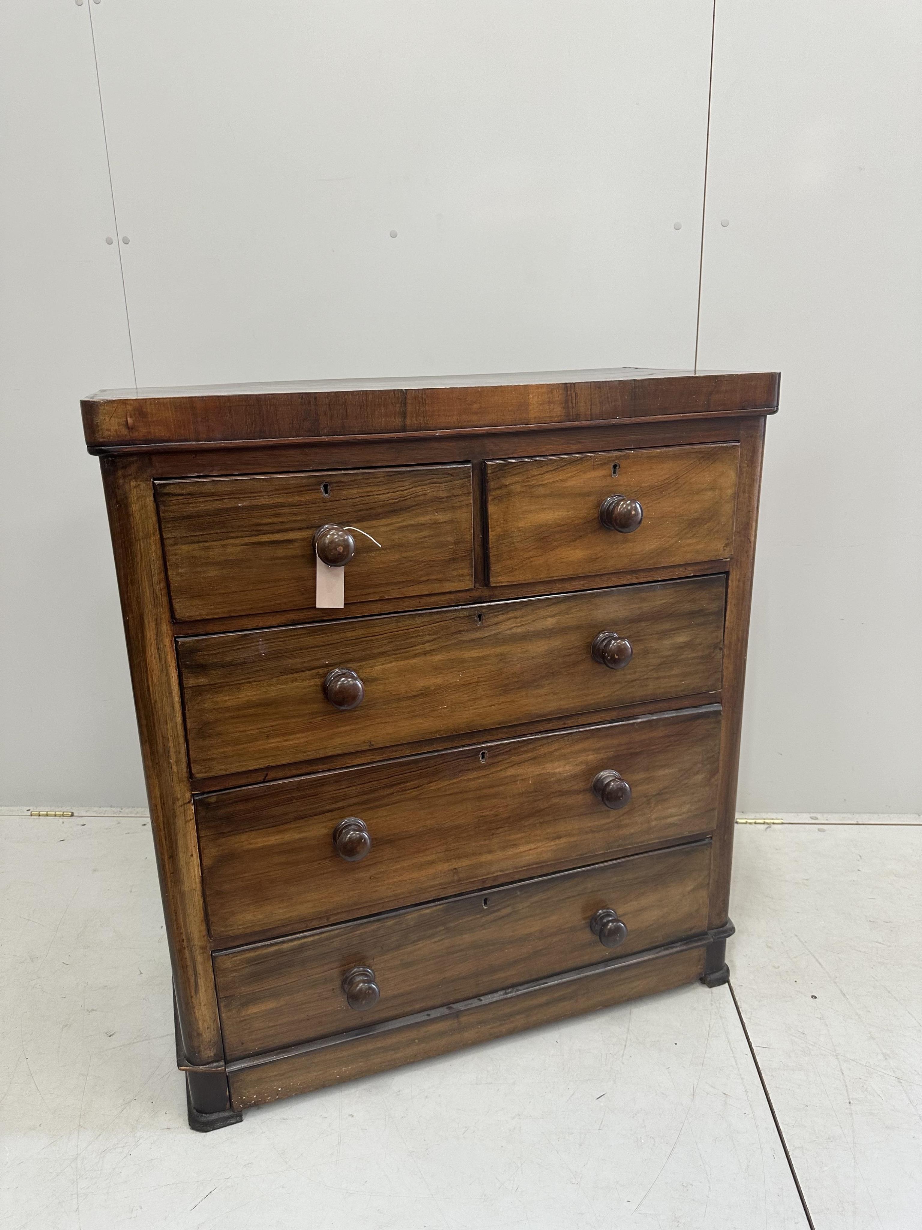 A Victorian mahogany chest of drawers, width 95cm, depth 46cm, height 106cm. Condition - fair